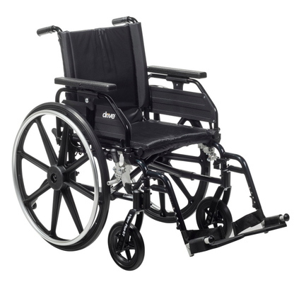 The Drive Viper Plus GT Wheelchair features a black lightweight aluminum frame, large rear wheels, small front wheels, Universal Armrests, footrests, and a padded seat with a reclining backrest.