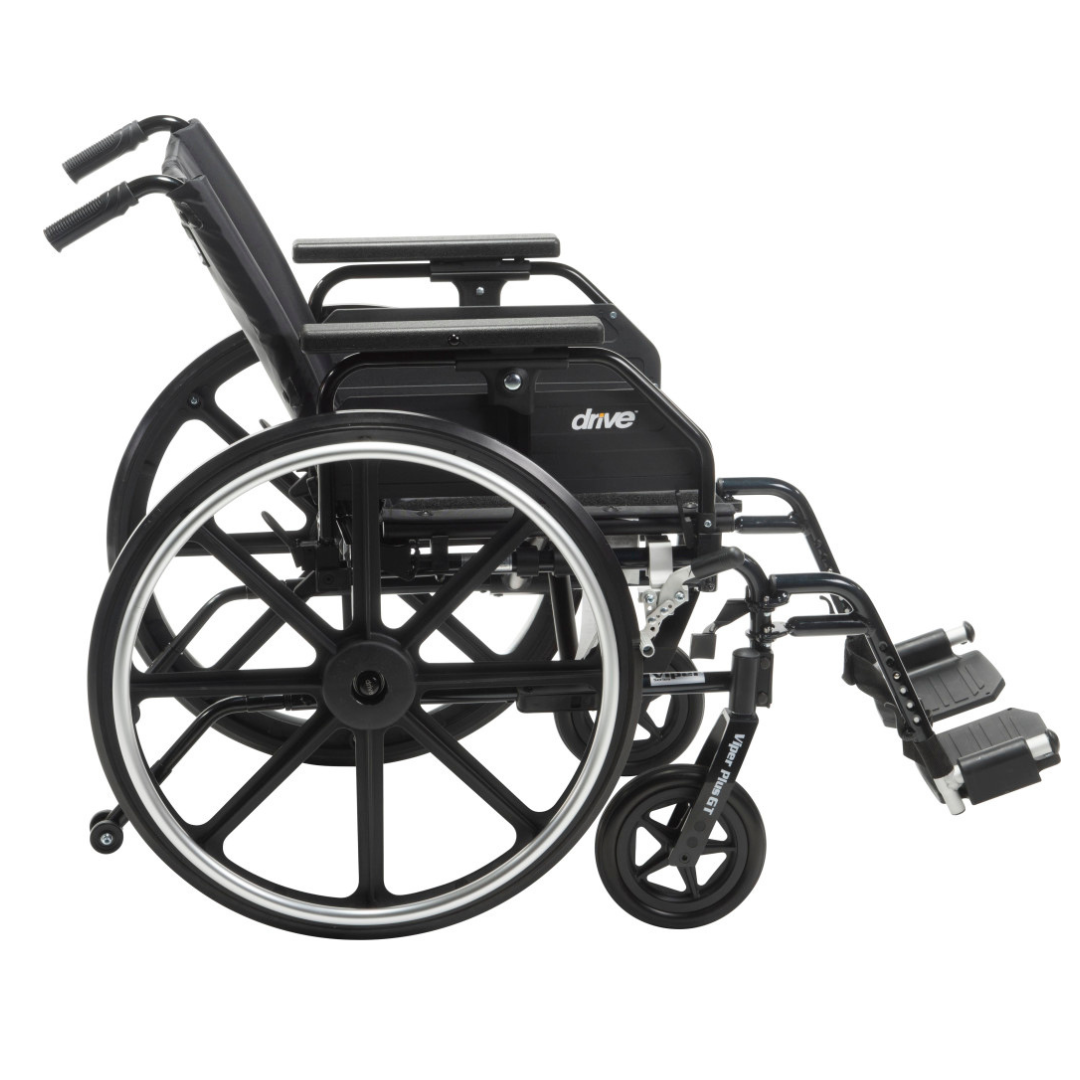 The Drive Viper Plus GT Wheelchair with universal armrests and a reclining backrest, featuring large rear wheels, small front casters, footrests, and a lightweight aluminum frame in black, is shown from the side on a plain white background.
