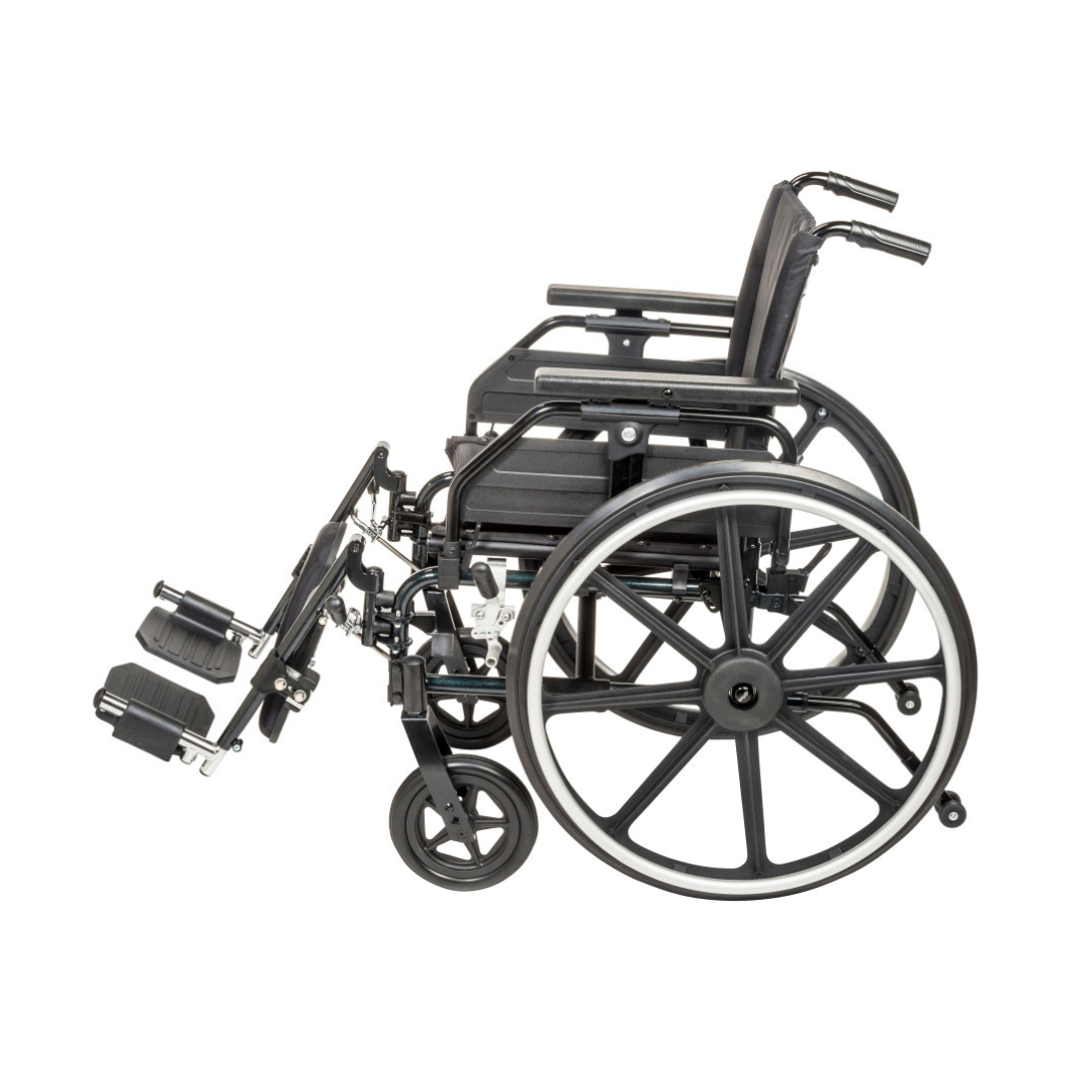 The Drive Viper Plus GT Wheelchair with Universal Armrests and Reclining Backrest is a black, lightweight manual wheelchair with a durable aluminum frame, large rear wheels, angled leg rests, and padded armrests, shown side view on white background.