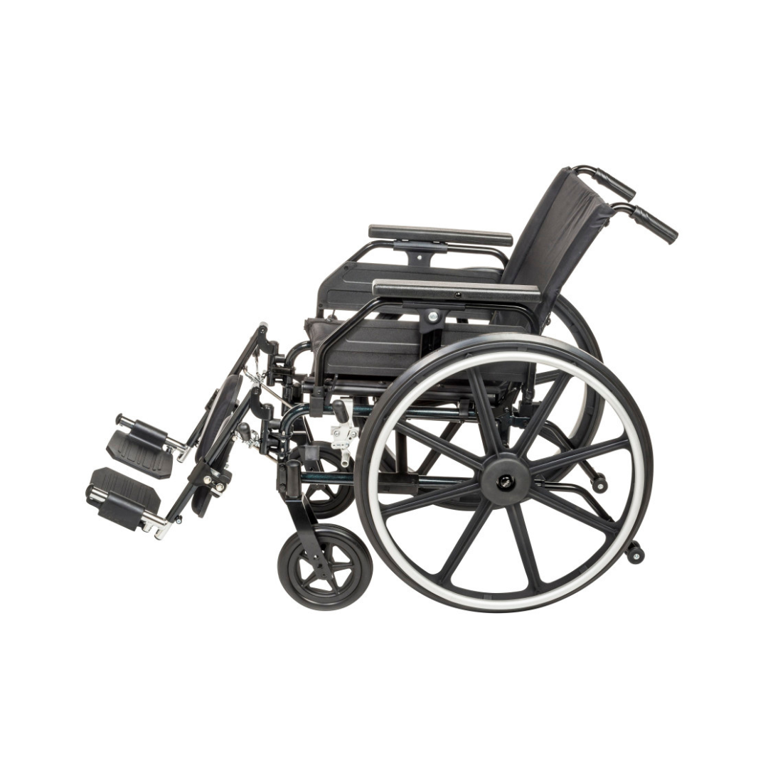 The Drive Viper Plus GT Wheelchair features a lightweight black aluminum frame, large rear wheels, small front wheels, Universal Armrests, footrests, and a cushioned seat and reclining backrest. Shown from the side on a white background.