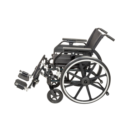 The Drive Viper Plus GT Wheelchair features a lightweight black aluminum frame, large rear wheels, small front wheels, Universal Armrests, footrests, and a cushioned seat and reclining backrest. Shown from the side on a white background.