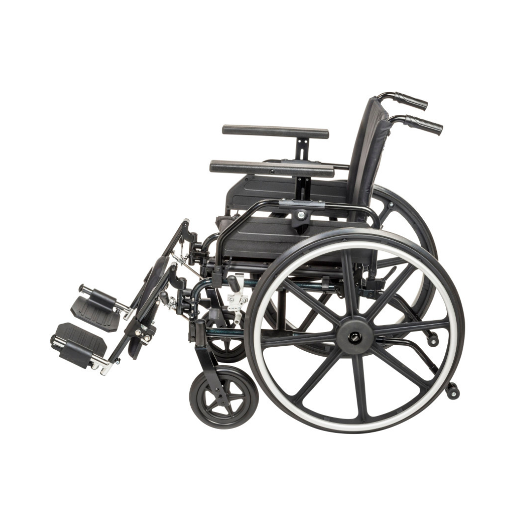 The Drive Viper Plus GT Wheelchair, featuring universal armrests, a reclining backrest, lightweight black aluminum frame, footrests, and large rear wheels, is shown from the side against a white background.