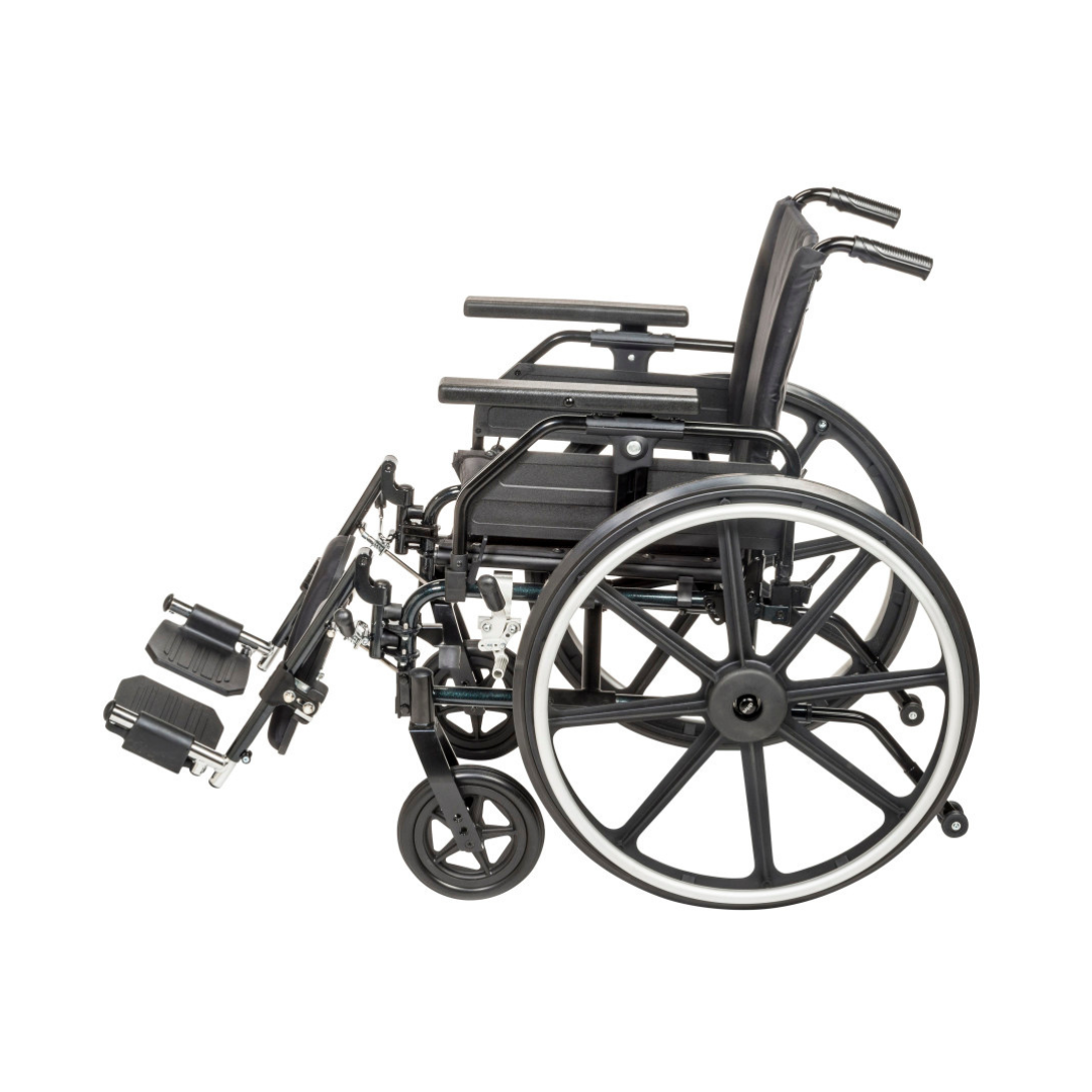 The Drive Viper Plus GT Wheelchair with Universal Armrests and a Reclining Backrest is shown from the side on a white background. This black manual wheelchair features a lightweight aluminum frame, large rear wheels, and elevated leg rests.