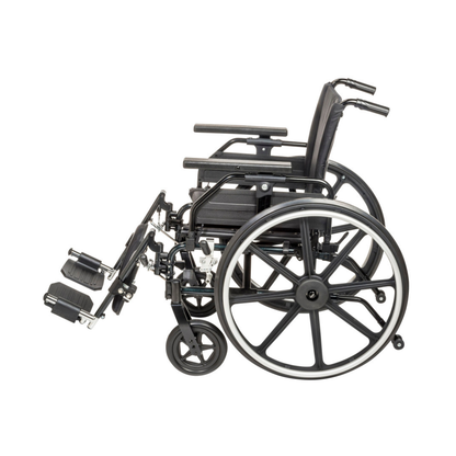 The Drive Viper Plus GT Wheelchair with Universal Armrests and a Reclining Backrest is shown from the side on a white background. This black manual wheelchair features a lightweight aluminum frame, large rear wheels, and elevated leg rests.