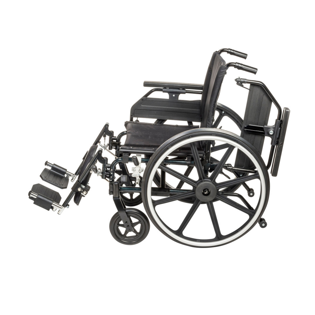 The Drive Viper Plus GT Wheelchair with universal armrests and reclining backrest, featuring a lightweight black aluminum frame, large rear wheels, small front wheels, padded armrests, and elevated leg rests is shown from the side against a white background.