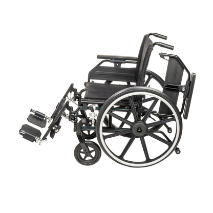 The Drive Viper Plus GT Wheelchair with universal armrests and reclining backrest, featuring a lightweight black aluminum frame, large rear wheels, small front wheels, padded armrests, and elevated leg rests is shown from the side against a white background.
