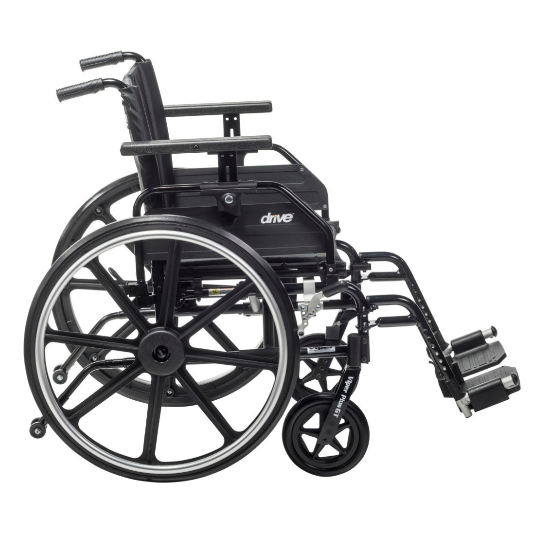 The Drive Viper Plus GT Wheelchair with universal armrests and reclining backrest is shown in black, featuring large rear wheels, smaller front wheels, footrests, and Drive branding on the side, viewed from the left against a white background.