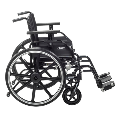 The Drive Viper Plus GT Wheelchair with universal armrests and reclining backrest is shown in black, featuring large rear wheels, smaller front wheels, footrests, and Drive branding on the side, viewed from the left against a white background.