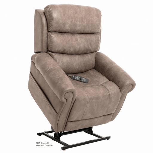 The Pride Mobility VivaLift!® Tranquil 2 Recliner with Lift Assist, in plush taupe, is shown lifted by a black metal base with its remote on the seat, providing personalized comfort as an FDA Class II medical device.