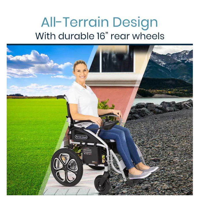 The Vive Health Compact Power Wheelchair - Foldable Long Range Transport Aid has an all terrain design and 16" rear wheels