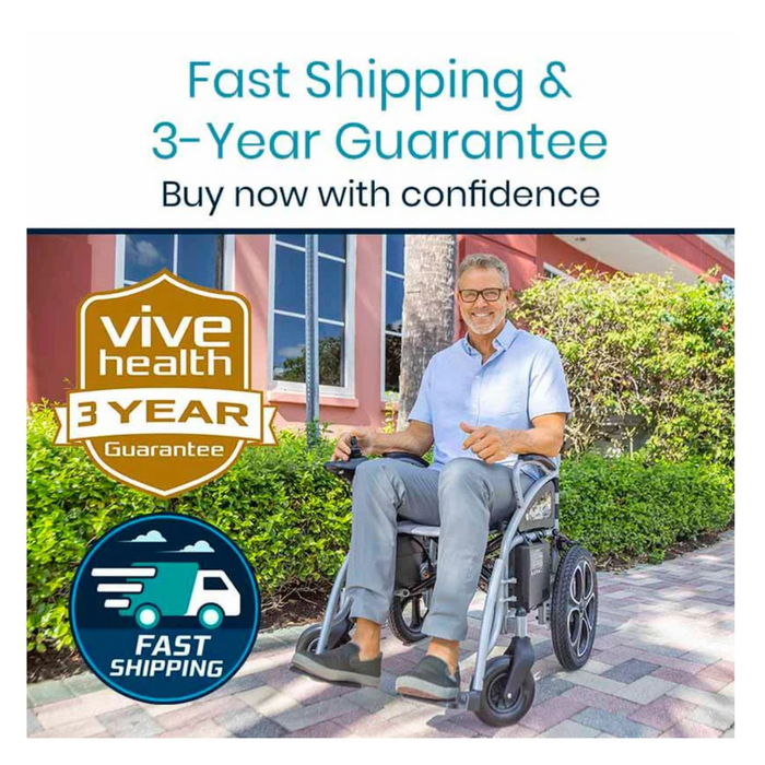 Fast shipping and a 3 year warranty of the Vive Health Compact Power Wheelchair - Foldable Long Range Transport Aid