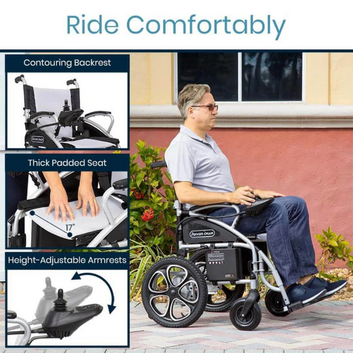 Ride the Vive Health Compact Power Wheelchair - Foldable Long Range Transport Aid comfortably with a contouring backrest and thick padded seat