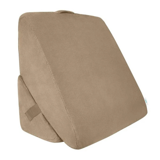 The Vive Health Foam Bed Wedge features a beige triangular design for back support, crafted with memory foam for comfort and an adjustable incline to customize your angle. Its soft fabric cover and side strap ensure easy handling.