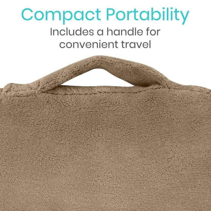 A close-up of the Vive Health Foam Bed Wedge showcases its brown fleece cover and built-in handle for easy carrying, reminiscent of memory foam comfort. Text above reads, Compact Design: Built-in handle for convenient travel.