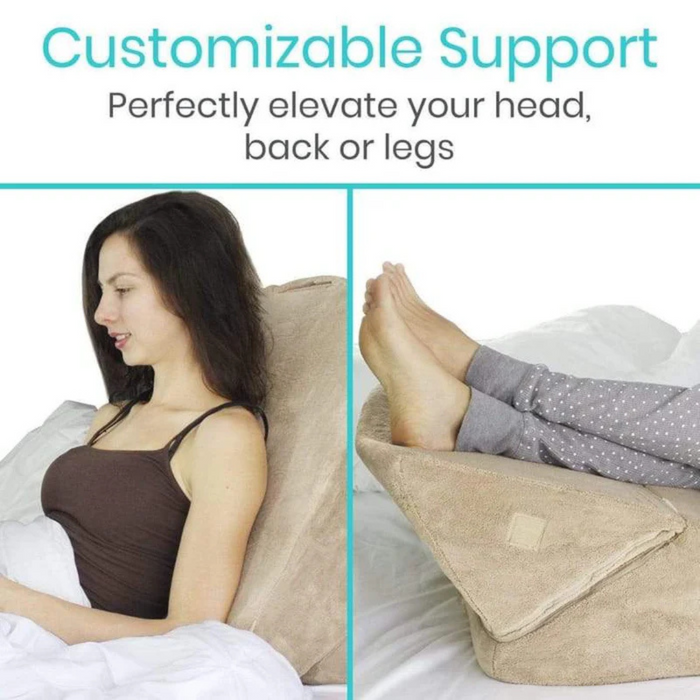 A split image shows a woman using the Vive Health Foam Bed Wedge - 3-in-1 Wedge Design for back support on one side, and elevated legs on the other. The top text reads, Customizable Support: Perfectly elevate your head, back, or legs.