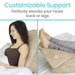 A split image shows a woman using the Vive Health Foam Bed Wedge - 3-in-1 Wedge Design for back support on one side, and elevated legs on the other. The top text reads, Customizable Support: Perfectly elevate your head, back, or legs.