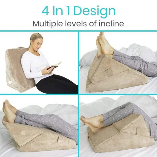 Collage showing a woman using the beige Vive Health Foam Bed Wedge with adjustable incline in multiple positions: sitting up for reading, lying with elevated legs, reclining with knee support, and propping her legs. This versatile 3-in-1 memory foam wedge ensures comfort and support anywhere.