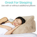 A woman sleeps on the Vive Health Foam Bed Wedge, wrapped in a white blanket. Text above reads, Great for Sleeping. 3-in-1 adjustable incline - use with or without additional pillows.
