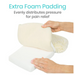 Hands hold foam padding with faux sheepskin cover, showing thickness and texture. Text reads: Vive Health Faux Sheepskin Knee Walker Pad Cover: Extra Foam Padding for even pressure distribution and pain relief. Nonslip design ensures stability for knee walkers.