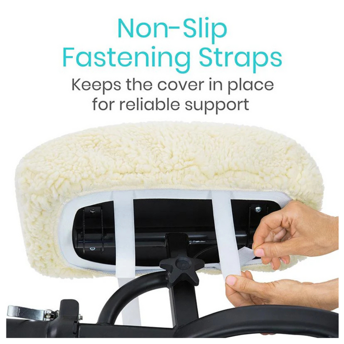 A person shows how to attach the Vive Health Faux Sheepskin Knee Walker Pad Cover in cream to a black bar using non-slip straps. Text: Non-Slip Fastening Straps - Secure cover for reliable support and pain relief.