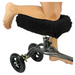 Using the Vive Health Faux Sheepskin Knee Walker Pad Cover, one navigates smoothly with comfort and style on a knee walker with black wheels and a metallic frame.