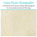 Close-up of cream-colored faux sheepskin fabric with a fluffy texture. Text reads: Vive Health Faux Sheepskin Knee Walker Pad Cover: Cushions the knee and circulates air around the leg for ultimate comfort.