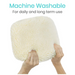 Hands are holding the Vive Health Faux Sheepskin Knee Walker Pad Cover, a fluffy, cream-colored cushion. The text above reads, Machine Washable for daily and long-term use.