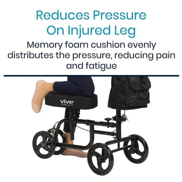 The Vive Health Memory Foam Knee Walker Pad is shown, featuring a non-slip exterior. A persons knee rests on the cushion to reduce pressure on the injured leg, providing benefits like pain relief and fatigue reduction.