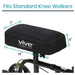 The Vive Health Memory Foam Knee Walker Pad is a black cushion with a non-slip exterior, measuring 14 x 7 x 4 inches. It fits securely on standard knee walker frames to ensure comfortable mobility.