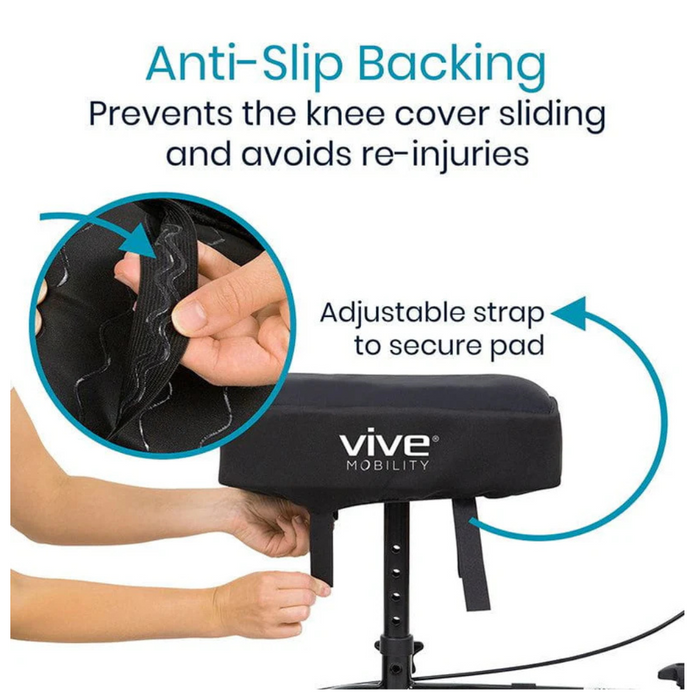 Image of Vive Health Memory Foam Knee Walker Pad with a hand adjusting the strap. Text highlights its non-slip exterior to prevent sliding and re-injuries, with an arrow pointing to the cushion.