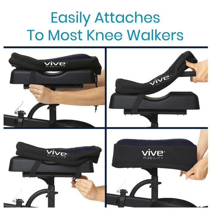 Four images show attaching a Vive Health Memory Foam Knee Walker Pad for extra comfort. The series demonstrates securing the non-slip cover with straps and adjusting for a snug fit. Text above reads, Easily Attaches To Most Knee Walkers.