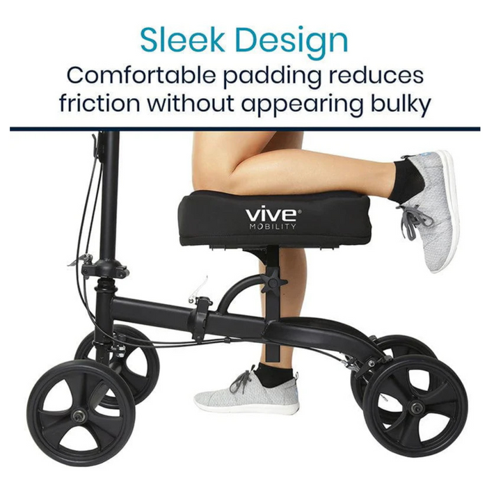 The sleek Vive Health Memory Foam Knee Walker Pad features a leg resting on its padded, memory foam cushion. Sturdy wheels ensure stability, and the comfortable padding minimizes friction without bulkiness.