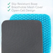 Close-up of the Vive Health Honeycomb Gel Seat Cushion in turquoise with an open-cell design and black breathable mesh cover. Text highlights features: slip-resistant base, breathable mesh, and coccyx pain relief through its innovative design.