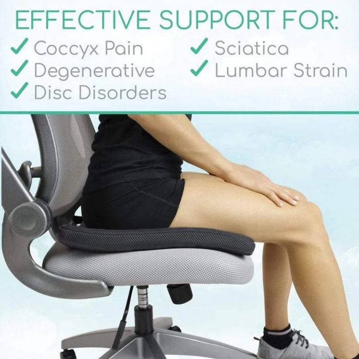 Someone sits comfortably on the Vive Health Honeycomb Gel Seat Cushion, which provides coccyx pain relief and aids in managing degenerative disc disorders, sciatica, and lumbar strain with its innovative open-cell design for enhanced support.