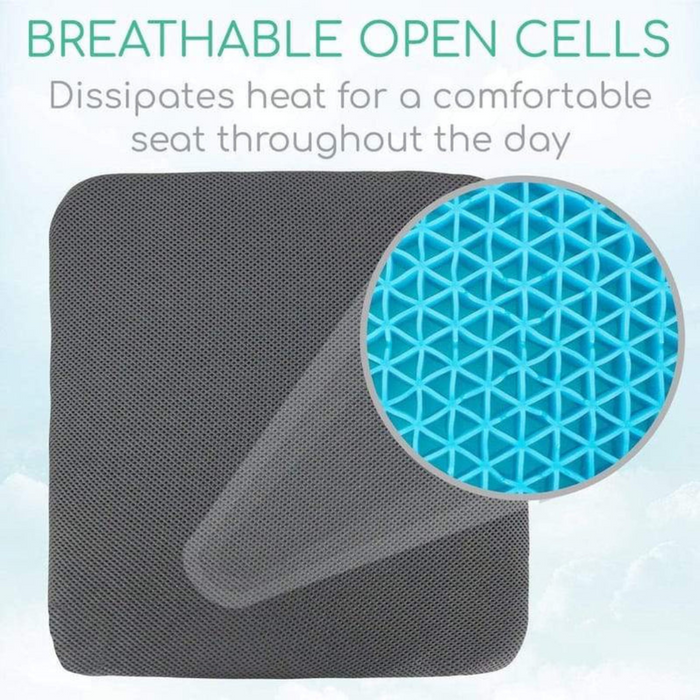 Image of the Vive Health Honeycomb Gel Seat Cushion showcasing its breathable open-cell design with a close-up of its blue structure. Text reads: BREATHABLE OPEN CELLS - Dissipates heat for coccyx pain relief and ensures comfort all day.