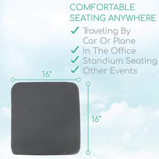 Vive Health Honeycomb Gel Seat Cushion, square and black, measures 16 x 16, is set against a soft blue cloud background. It features an open-cell design for coccyx pain relief and provides comfortable seating in travel, office, stadiums, and more.