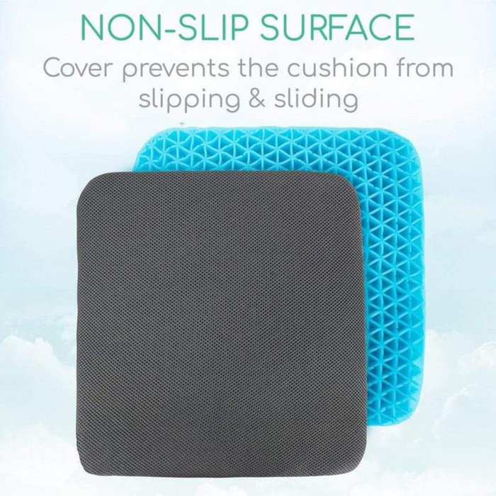 Image of two square seat cushions: the top has a black non-slip textured surface ideal for coccyx relief, and the bottom features a blue geometric pattern. Text reads: NON-SLIP SURFACE: Cover prevents sliding. Vive Health Honeycomb Gel Seat Cushion.