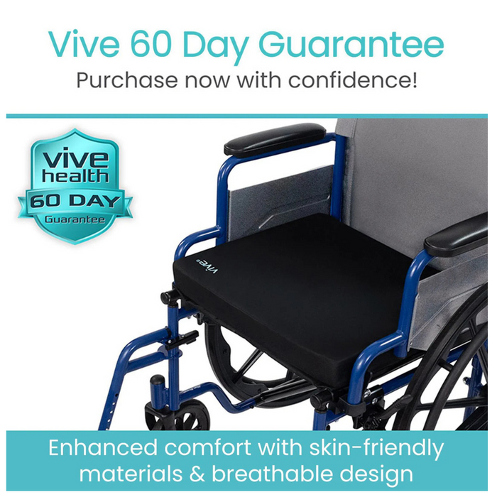 The Vive Health Universal Gel Seat Cushion features a black cover and ergonomic design for enhanced comfort. A shield logo promotes its skin-friendly, breathable materials with pressure relief benefits. Enjoy the Vive 60 Day Guarantee and purchase confidently!.