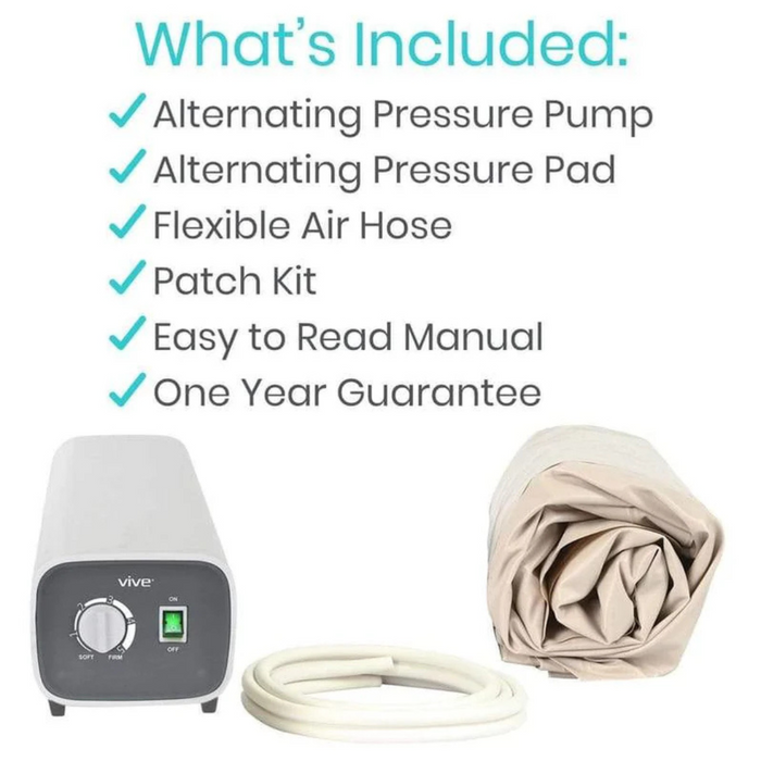 Image of a product listing titled Whats Included for the Vive Health Alternating Pressure Pad. Items include an adjustable pressure pump, pressure pad, flexible air hose, patch kit, manual, and one-year guarantee, with visual representation of the products next to the text.