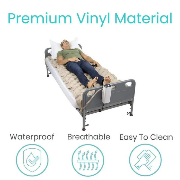 An elderly person lies on a hospital bed featuring the Vive Health Alternating Pressure Pad with an advanced pressure relief mattress and adjustable pump. Text reads, Premium Vinyl Material, highlighting Waterproof, Breathable, and Easy to Clean with illustrative icons.