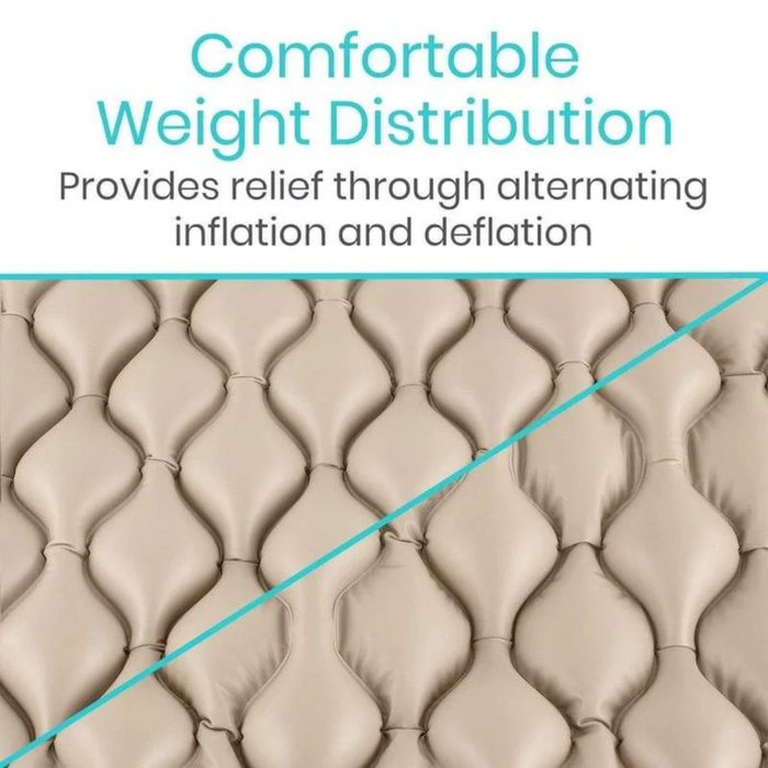 Close-up of the Vive Health Alternating Pressure Pad, a beige, textured air mattress with an alternating pressure system. The design displays inflated and deflated sections for Comfortable Weight Distribution, offering relief through its unique inflation and deflation pattern.