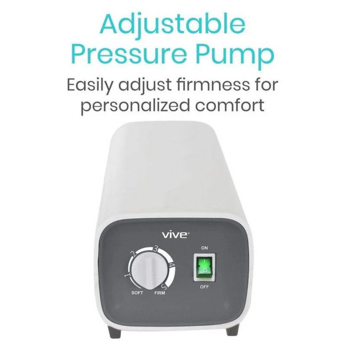 Image of the Vive Health Alternating Pressure Pad with a control dial for firmness adjustment, labeled soft to firm. The pump features a green on/off switch and is branded vive. Text above states Adjustable Pressure Pump for personalized comfort.