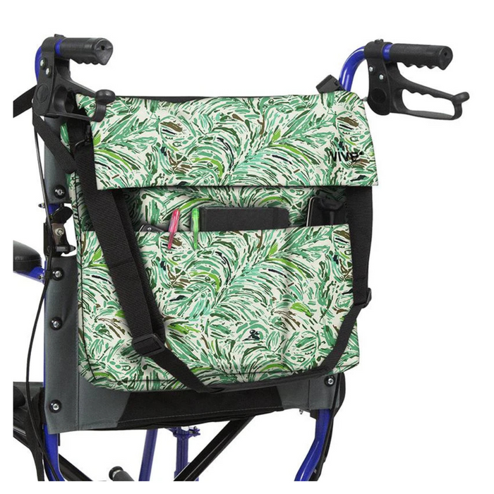 The Vive Health Portable Mobility Bag with Shoulder Strap, a green and white floral-patterned waterproof nylon bag, is attached to a blue walker with black handles. It features adjustable straps, a large pocket, and contains a partially visible small pink item inside.