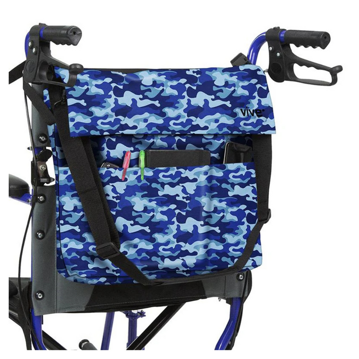 The Vive Health Portable Mobility Bag with Shoulder Strap is a blue and black camouflage bag made from waterproof nylon, attached to a walker. It has multiple compartments for items like pens and a phone, with adjustable straps neatly securing it to the walkers partially visible black handles.