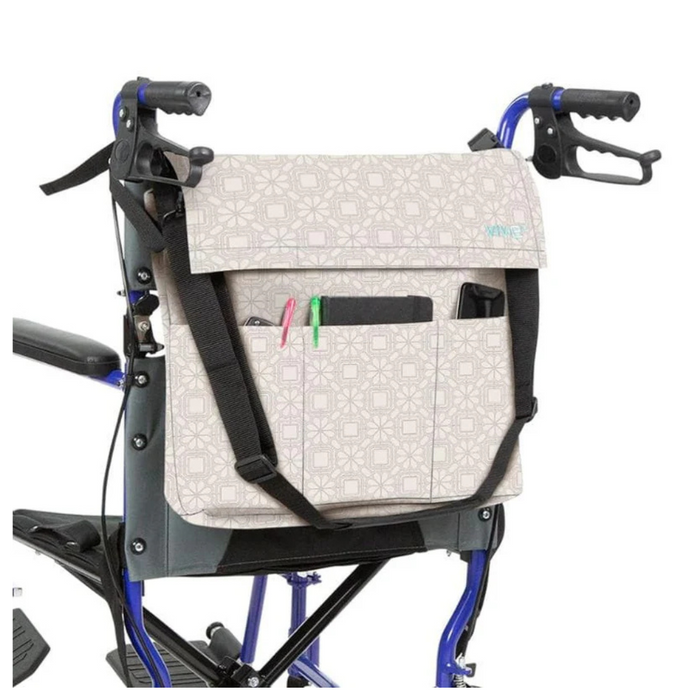 The Vive Health Portable Mobility Bag with Shoulder Strap is attached to a blue walker, featuring a gray geometric pattern. This waterproof nylon bag has multiple compartments, with pens and a phone visible in the front pocket, and adjustable straps for secure attachment to various mobility aids.