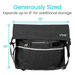 The Vive Health Portable Mobility Bag with Shoulder Strap is a black messenger bag crafted from waterproof nylon, featuring adjustable straps and two front pockets that can hold a notebook, two pens, and a smartphone. It measures 19 inches wide, 14 inches tall, and expands up to 8 inches. Generously Sized.