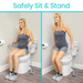 A woman in a gray tank top and shorts demonstrates the Vive Health Toilet Safety Rail with Legs For Extra Support, showcasing its universal fit for enhanced stability. The split image illustrates using the support frame to sit and stand safely from a toilet.