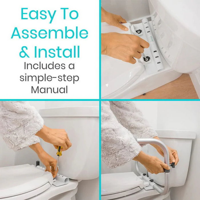 Split image demonstrating the installation of the Vive Health Toilet Safety Rail. Top-left text reads Easy To Assemble & Install with Simple-Step Manual. Images show hands attaching the adjustable design to a toilet, highlighting enhanced practicality and leg support.