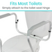 The Vive Health Toilet Safety Rail with Legs, featuring gray padded handles, enhances bathroom stability. The text above reads Universal Toilet Fit and Simply attach to the toilet seat hinge.