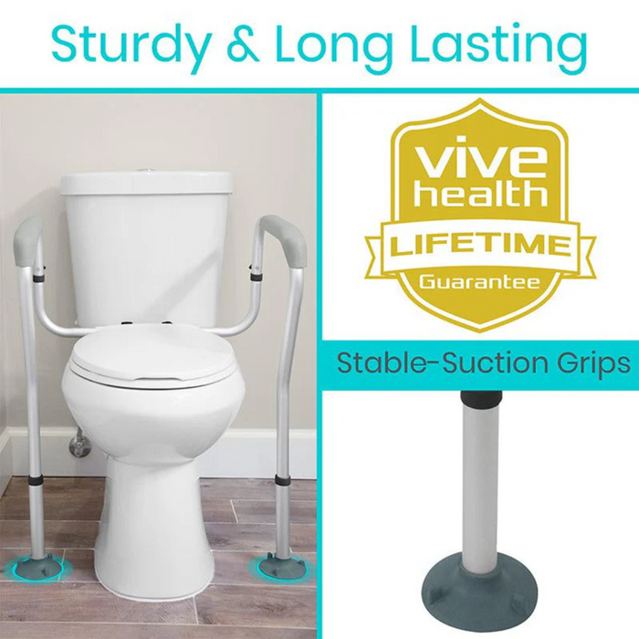 The image features a Vive Health Toilet Safety Rail with Legs for Extra Support, showcasing a white toilet with a gray rail and secure suction grips for universal fit and stability. A Vive Health Lifetime Guarantee badge and the phrase Sturdy & Long Lasting are also displayed.